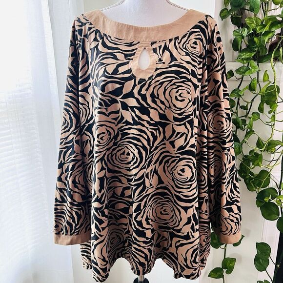 Roamans Brown & Black Rose Floral Knit 100% Cotton Keyhole Blouse Plus Size 3X - Picture 1 of 8